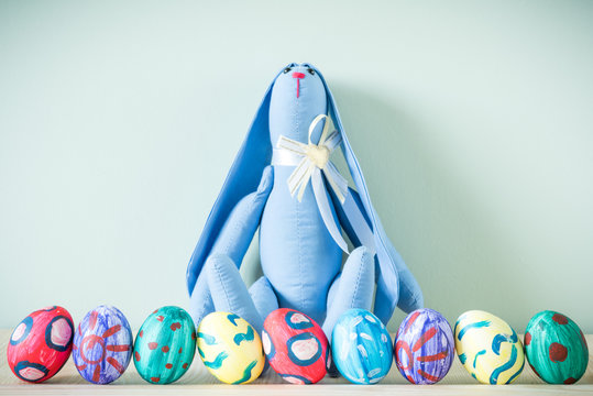 Easter bunnies on a wooden table