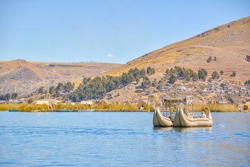 Uros floating Islands at Titicaca Lake in Bolivia and Peru frontier
