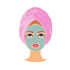 Beautiful young European appearance woman in pink towel on head and cosmetology clay mask on her face. Health and beauty spa treatment. Close up view. Cute vector cartoon illustration with girl avatar