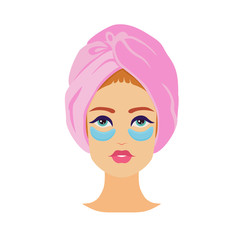 Beautiful young European appearance woman in pink towel on head and eye gel patches on her face. Health and beauty spa treatment. Close up view. Cute vector cartoon illustration with girl avatar