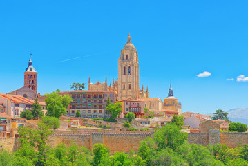 Panoramic landscape at the ancient city and cathedral of Segovia