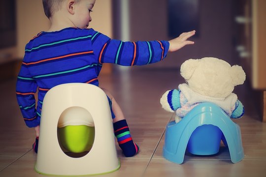 Little boy is training on a potty with his buddy