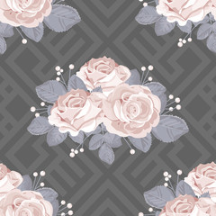 Floral seamless pattern. Roses with leaves on grey geometric background. Vector illustration.