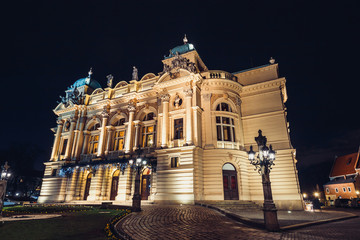 Fototapeta na wymiar The Juliusz Slowacki Theater in the Old Town district in Krakow by night, Poland