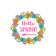 Hello Spring circle flower frame. Spring greeting card.