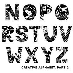 Hand drawn creative alphabet part 2 of 3. Abstract font with paint stains, brush strokes. Trendy typography design for fashion magazines, prints, posters, banners etc. Black sketchy letters isolated