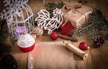 greeting card and pencil in the Christmas background.