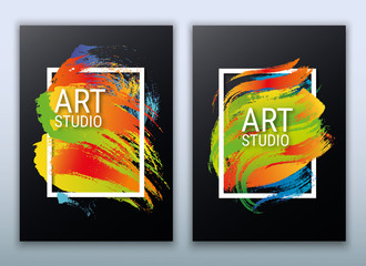 A poster template for art cafes, art exhibitions. A modern colorful flyer. Bright gradient brush strokes. Dynamic movement and spray of colors. Abstract vector illustration. Dark background.