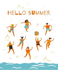 Men and women in bathing suits play beach volleyball. Trendy abstract flat illustration for advertising seasonal and tourist recreation. Vector