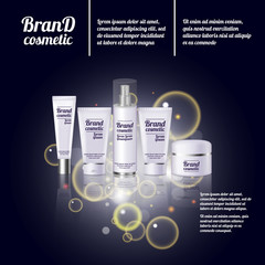 3D realistic cosmetic bottle ads template. Cosmetic brand advertising concept design with bubbles and sparkles