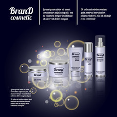3D realistic cosmetic bottle ads template. Cosmetic brand advertising concept design with bubbles and sparkles