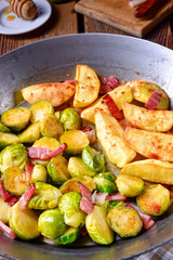 Brussels Sprouts with ham ,honey and roasted potatoes