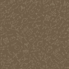 Seamless pattern on the theme of study and subject of geometry, graphs and formulas, beige outlines on a brown background