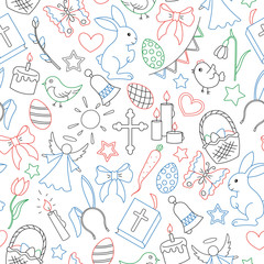 Seamless pattern with simple contour icons on a theme the holiday of Easter , colored outline icons on white background