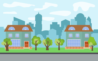 Obraz na płótnie Canvas Vector city with two two-story cartoon houses and green trees in the sunny day. Summer urban landscape. Street view with cityscape on a background 