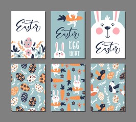 Happy Easter greeting card with rabbit, bird and lettering text. Set of 6 postcard templates with message.