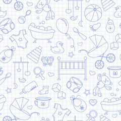 Seamless pattern on the theme of childhood and newborn babies, baby accessories and toys, simple contour icons, blue  contour  icons on the clean writing-book sheet in a cage