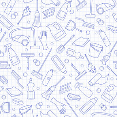 Seamless pattern on the theme of cleaning and household equipment and cleaning products, blue  contour  icons on the clean writing-book sheet in a cage