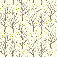 Birch or aspen brown trees in spring with small green leaves pastel colored seamless pattern, vector