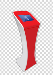 Red Promotional Interactive Information Kiosk Terminal Stand Touch Screen Display. Mock Up Template.