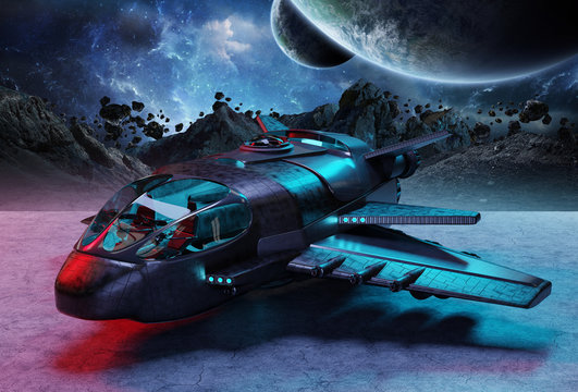 Futuristic spacecraft on planet background 3D rendering elements of this image furnished by NASA