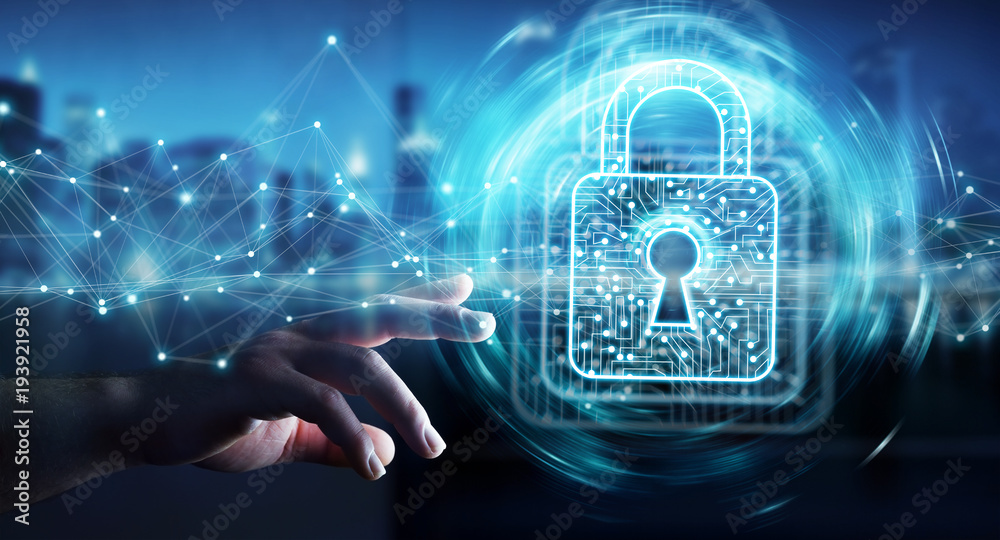 Poster Businessman using digital padlock with data protection 3D rendering