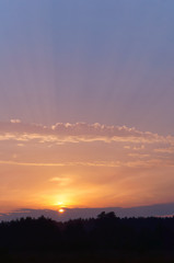 Sunset over the field. Red and purple sunbeams at sunset. The sun is setting over the horizon.