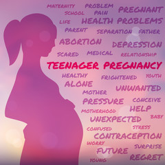 Teenager pregnancy, pink silhouette. Word cloud collage . Colorful words, pink blurred background. Illustration for web or typography magazine, brochure, flyer, poster , EPS 10.