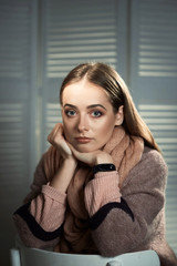 close-up portrait of beautiful girl in studio on black background.