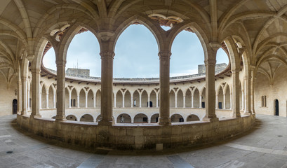Colonnade of Bellver castle, Palma of Mallorca, Spain. Circular outdoor patio © Pb