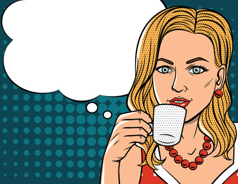 Vector illustration in comic art style of  pretty woman with cup of coffee.  Glamour lady with blonde hair drinking a coffee over halftone dot background
