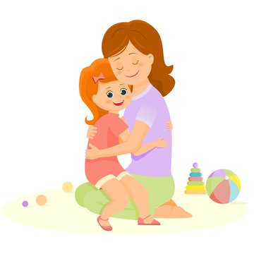 Cartoon mother and daughter embrace. Vector illustration.Isolated on white background.