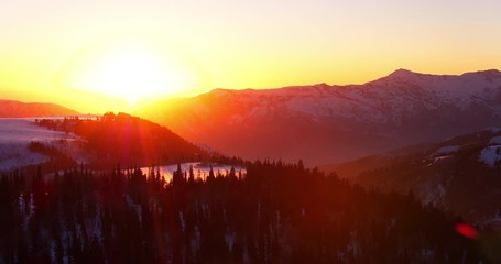 Aerial view flying over winter forest at sunset with snow covered mountains in background - Powered by Adobe