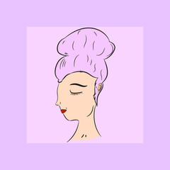 Vector illustration of a beautiful woman with pink hair in cartoon style. Image isolated on pink background.