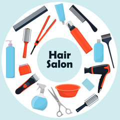 Tools and cosmetic products for hair care. Professional hairdressing tools. A set of elements for a beauty salon. Vector illustration in flat style.
