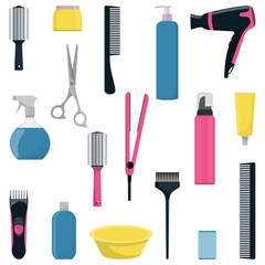 Tools and cosmetic products for hair care. Professional hairdressing tools. A set of elements for a beauty salon. Vector illustration in flat style.