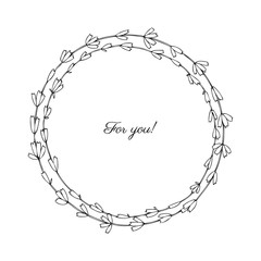 Lavender flowers decorative wreath isolated on white background, Round frame hand drawn doodle vector sketch herbal line art graphic design for greeting card, invitation, wedding design, cosmetics