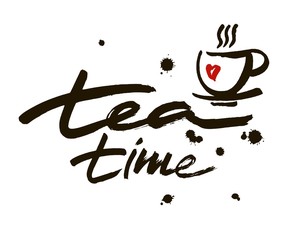 Tea time. Hand drawn lettering, isolated on the white background. Modern brush calligraphy. Vector