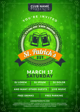 Typography Poster Or Flyer Template For St. Patricks Day Party. Vintage Beer Label On The Green Background With Light Effects