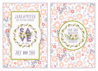Save the date. Wedding invitation double-sided card design template with cute floral background. Stationery design. Vector illustration