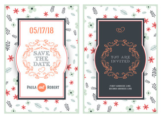 Save the date. Wedding invitation double-sided card design template with cute floral background. Stationery design. Vector illustration