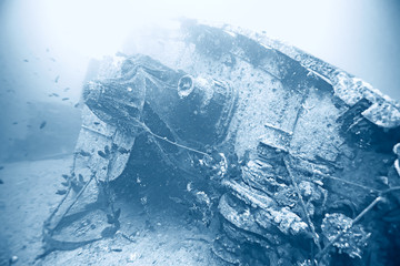 shipwreck, diving on a sunken ship, underwater landscape