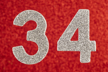Number thirty-four silver color over a red background. Anniversary