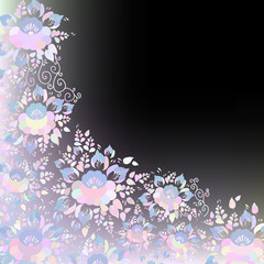 Vintage shabby Chic Wedding card design, banner template, spring romantic decoration, pastel, Pink blue lilak and white flowers and leaves on black background. Vector