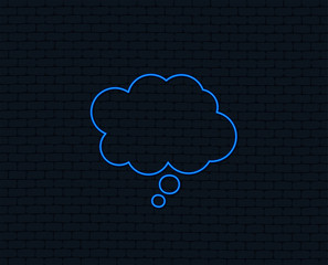 Neon light. Comic speech bubble sign icon. Chat think symbol. Glowing graphic design. Brick wall. Vector