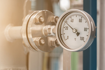 Temperature gauge in petrochemical plant - obrazy, fototapety, plakaty