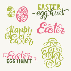 Set of hand written Happy Easter lettering. Calligraphic labels, design elements and eggs for Easter