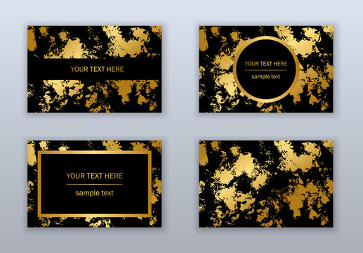 Set of white, black and gold business cards templates. Modern abstract design. Hand drawn ink pattern.