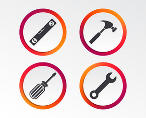 Screwdriver and wrench key tool icons. Bubble level and hammer sign symbols. Infographic design buttons. Circle templates. Vector