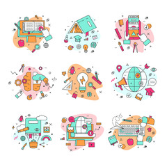 Education icons vector illustration educational and learning symbols of schooling and graduation set of school science books learned by educated students isolated on white background
